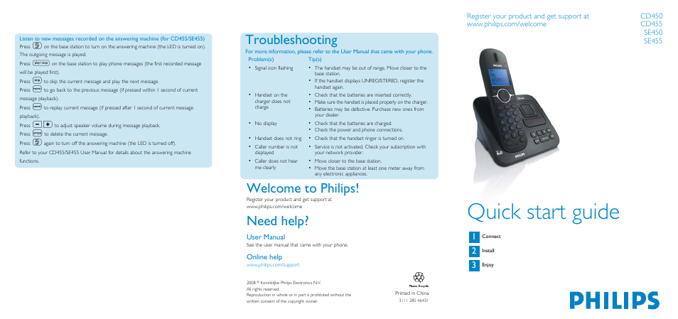 Quick start guide, Welcome to philips, Need help | Troubleshooting | Philips CD4552B-17 User Manual | Page 5 / 6