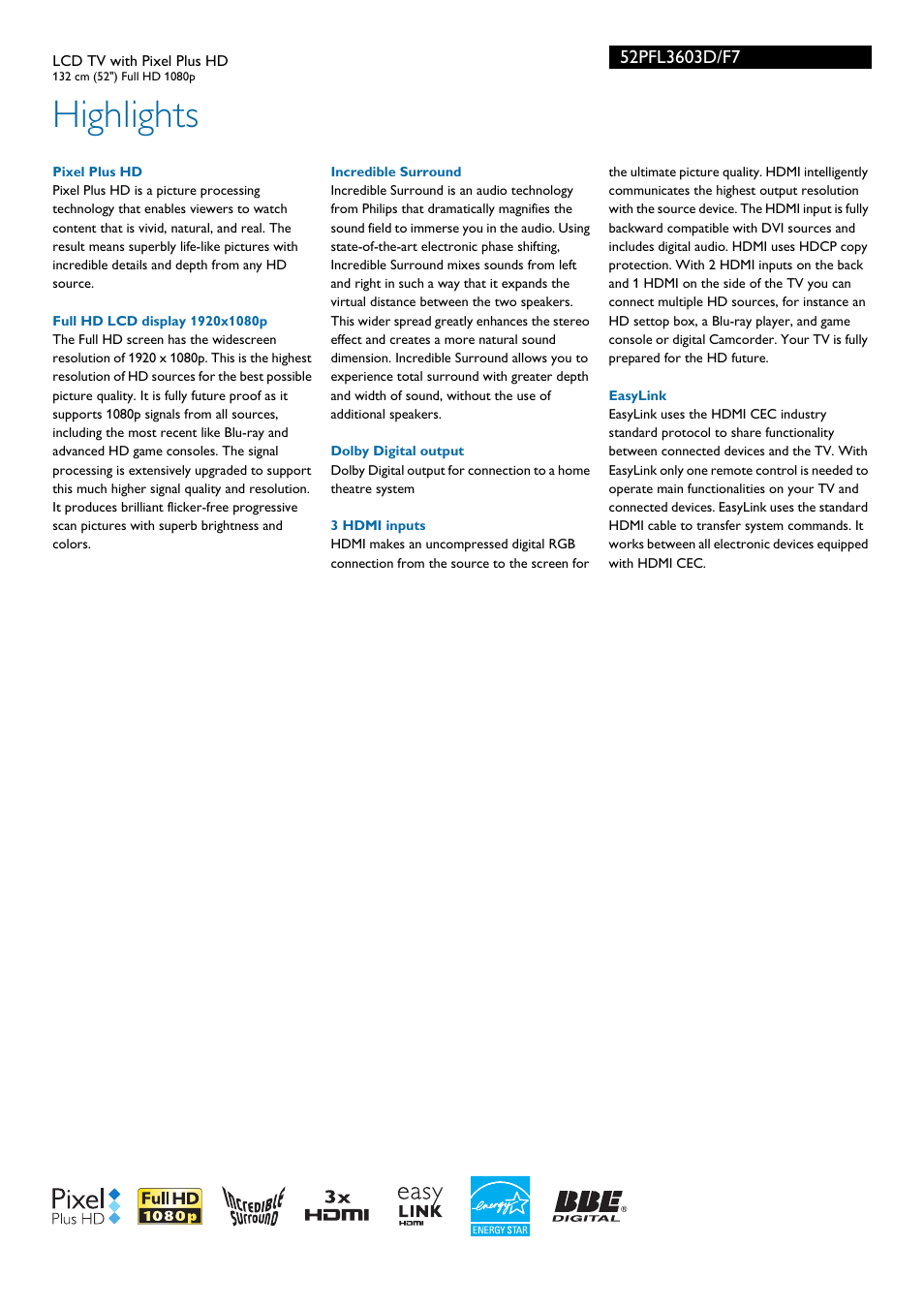 Highlights | Philips 52PFL3603D-F7 User Manual | Page 2 / 3