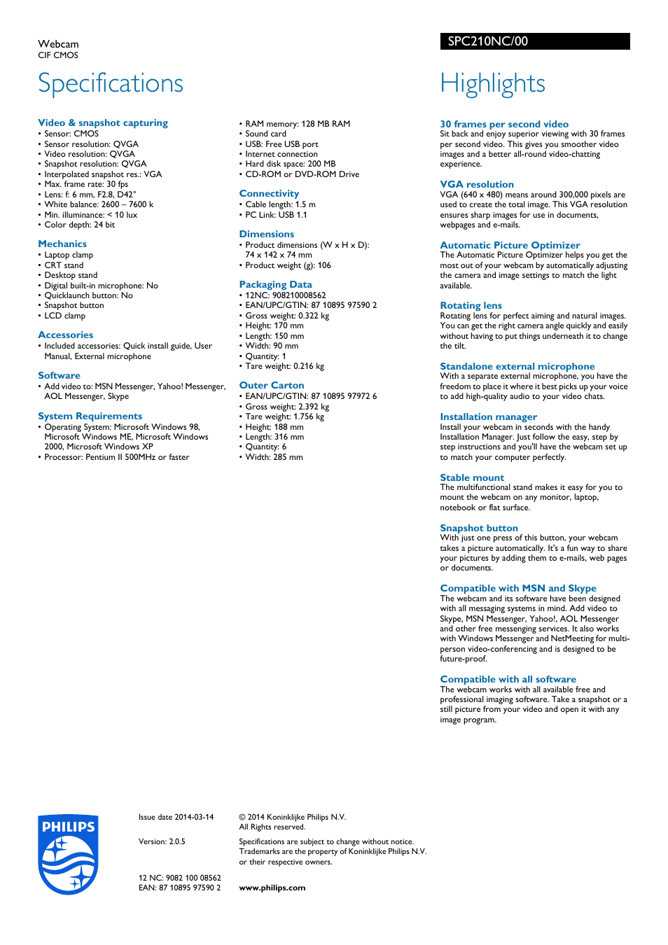 Specifications, Highlights | Philips SPC210NC-00 User Manual | Page 2 / 2