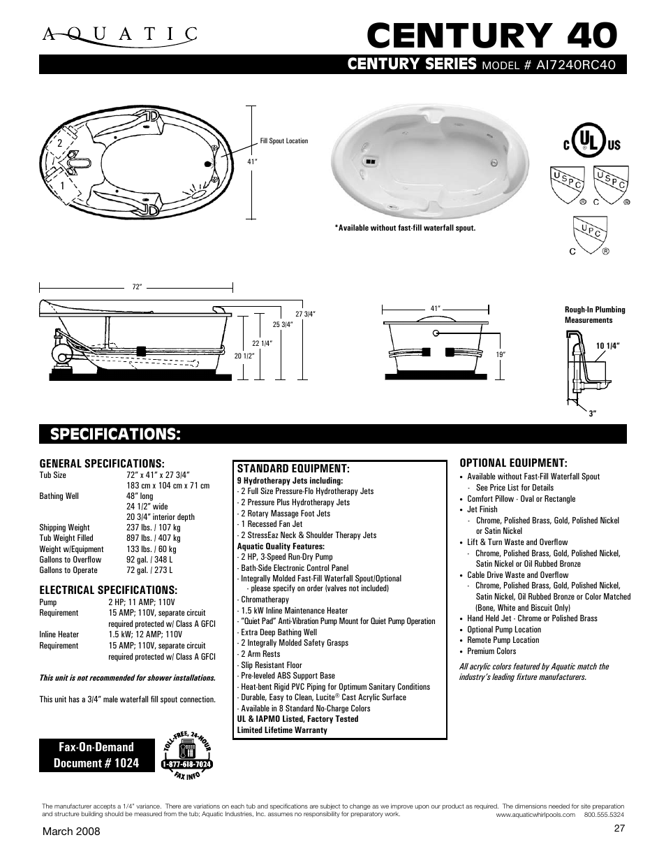 Aquatic Century 40 AI7240RC40 User Manual | 1 page