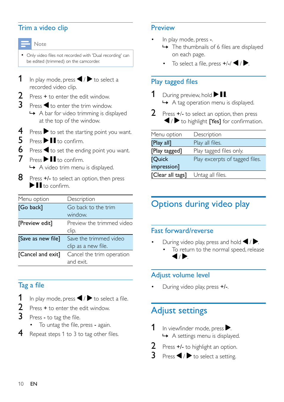 Options during video play, Adjust settings 1 | Philips CAM110BU-37 User Manual | Page 11 / 21