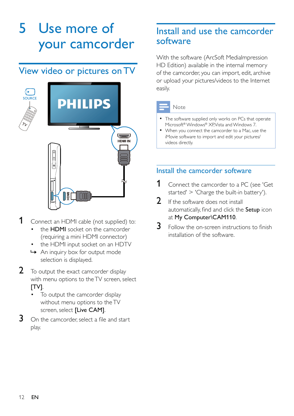 5 use more of your camcorder | Philips CAM110BU-37 User Manual | Page 13 / 21