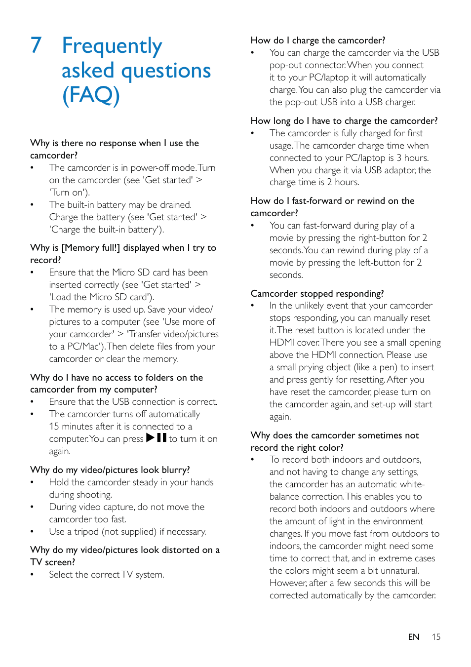 7 frequently asked questions (faq) | Philips CAM110BU-37 User Manual | Page 16 / 21