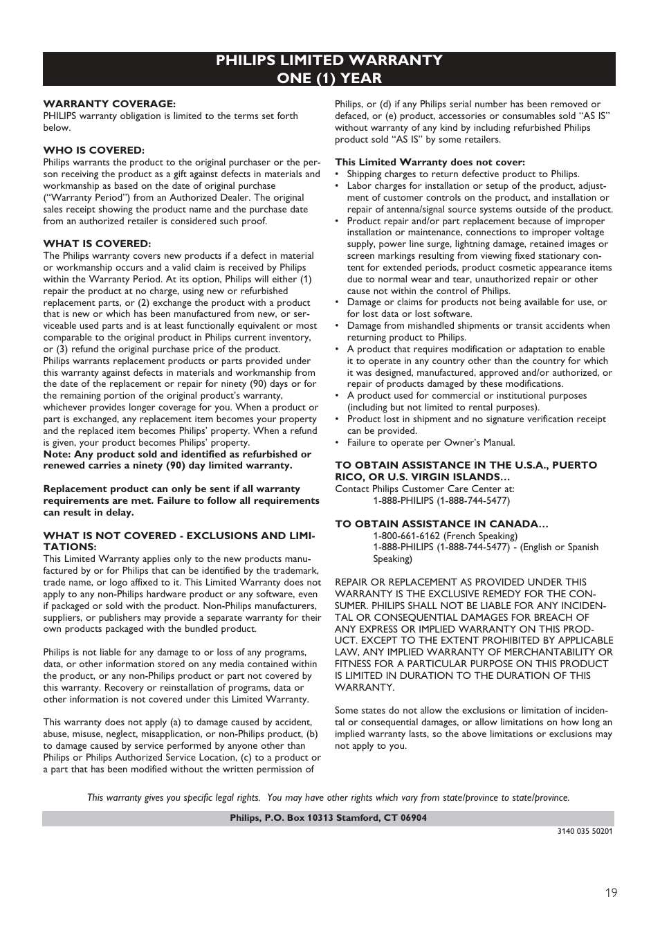 Philips limited warranty one (1) year | Philips CAM110BU-37 User Manual | Page 20 / 21