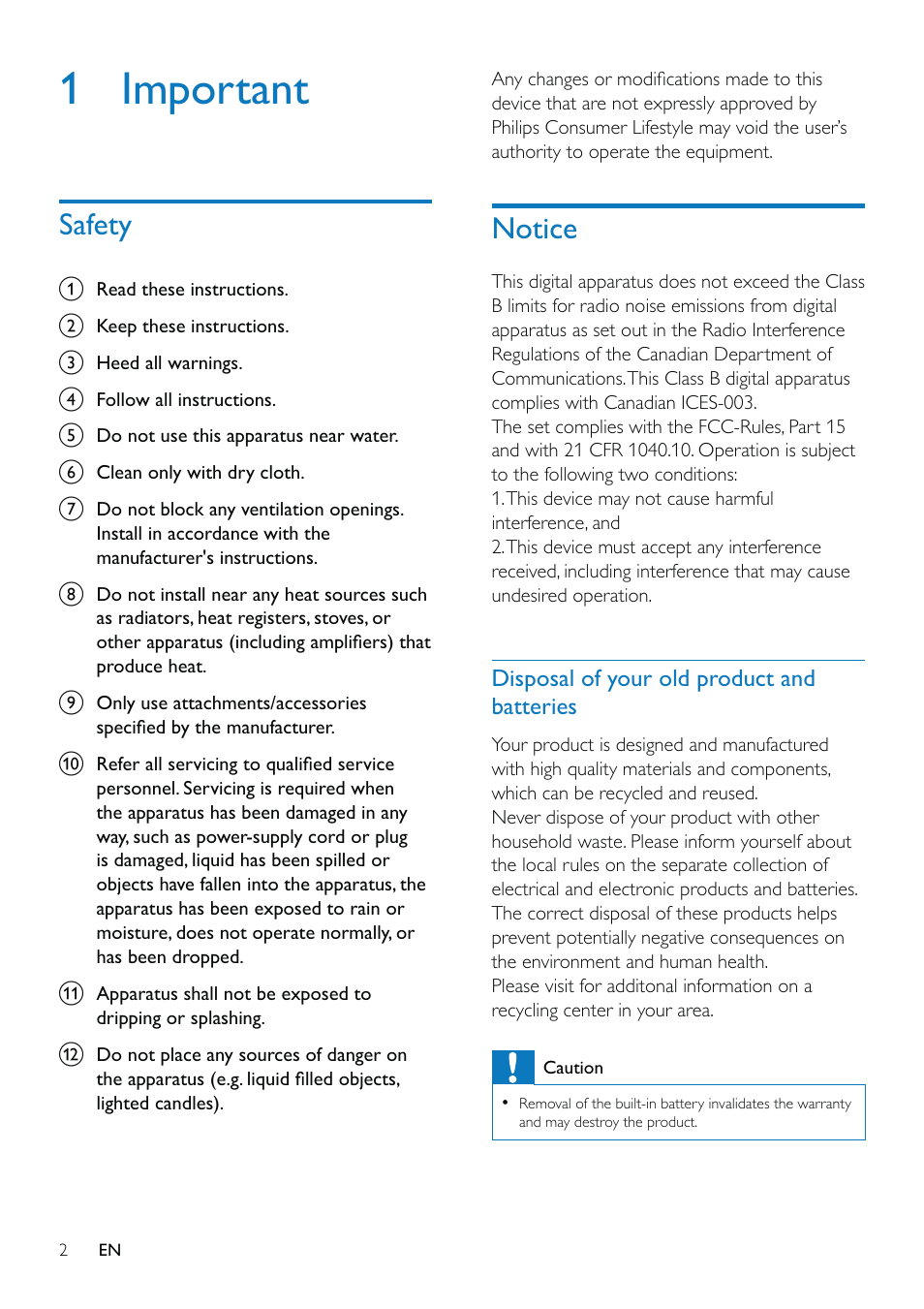 1 important, Safety, Notice | Philips CAM110BU-37 User Manual | Page 3 / 21