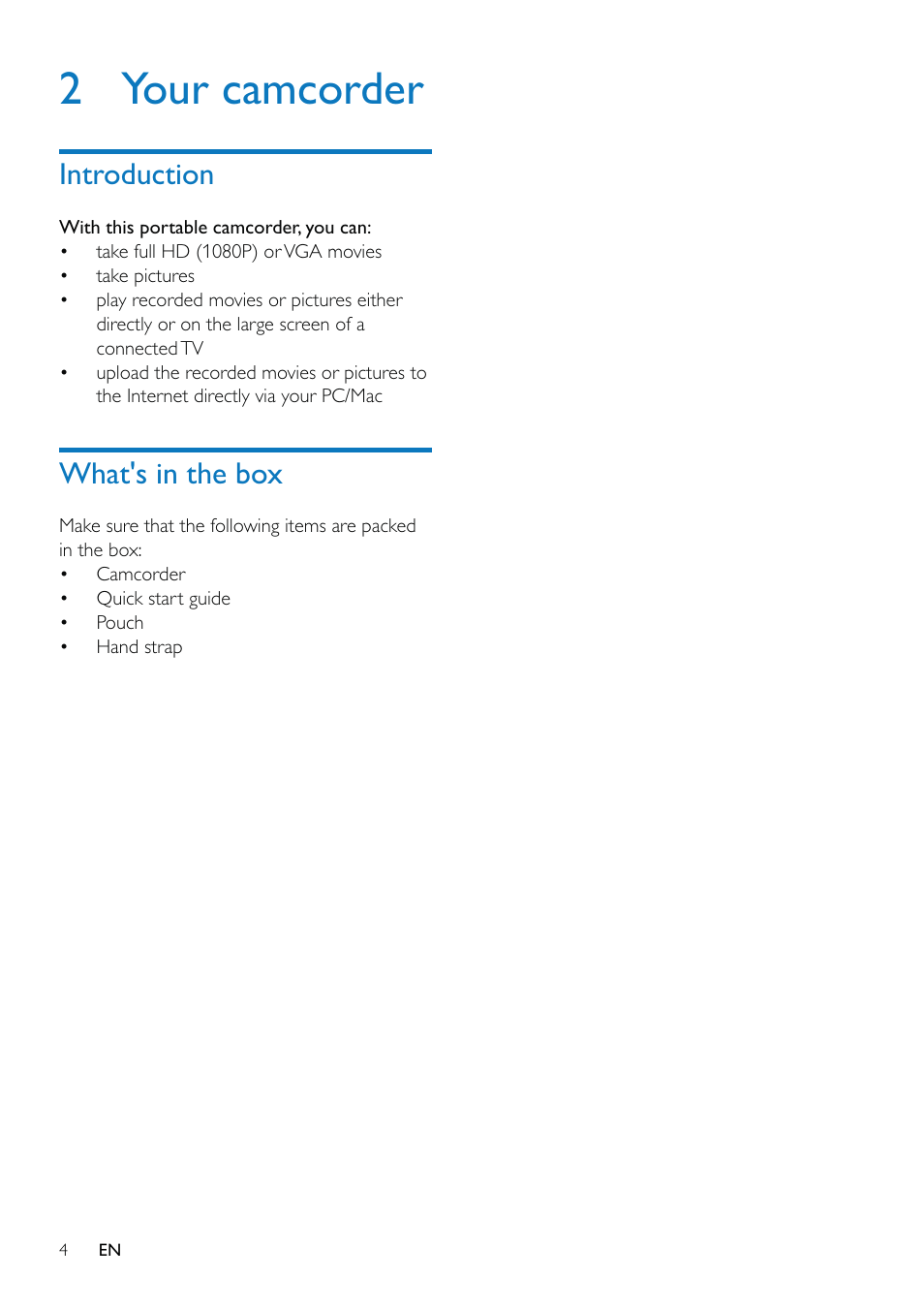 2 your camcorder, Introduction, What's in the box | Philips CAM110BU-37 User Manual | Page 5 / 21