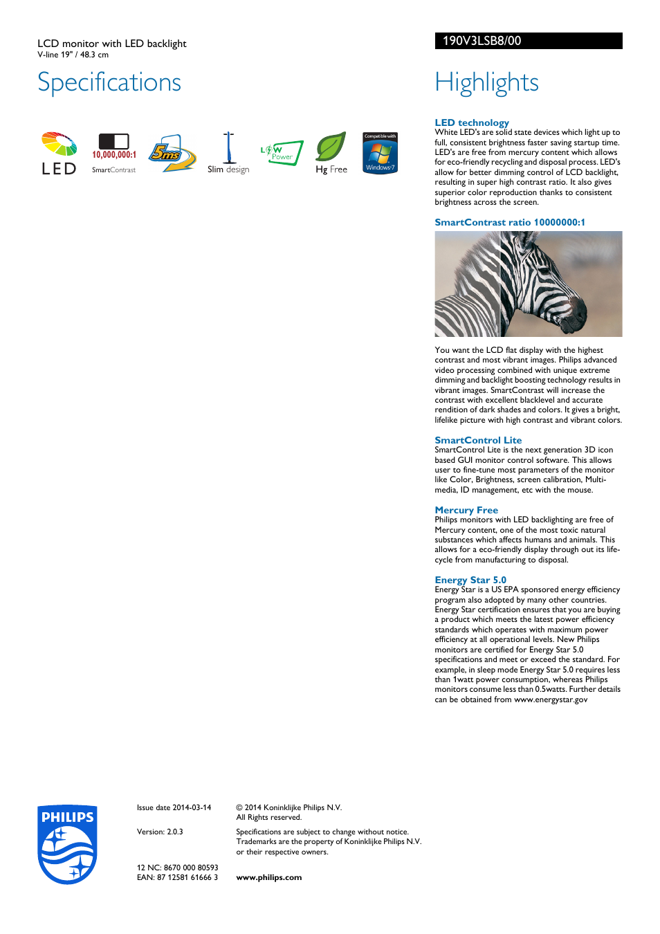Specifications, Highlights | Philips 190V3LSB8-00 User Manual | Page 2 / 2