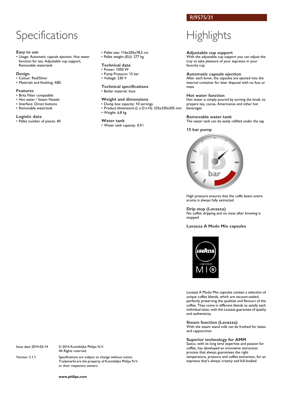 Specifications, Highlights | Philips Saeco Lavazza A Modo Mio RI9575-31 User Manual | Page 2 / 2