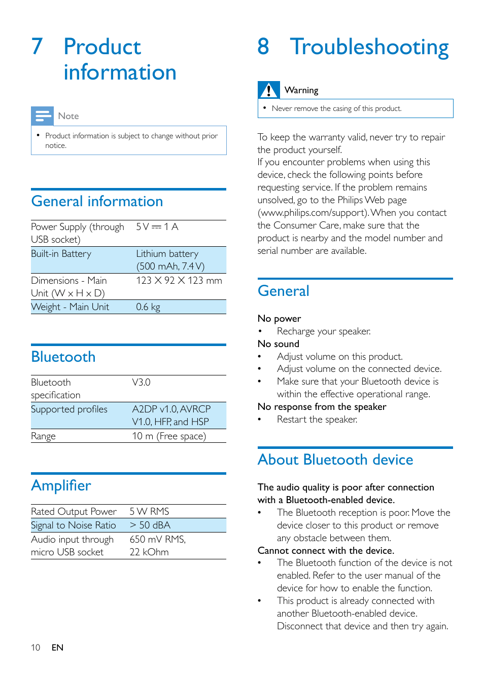 Play audio via bluetooth, Make a call, Clear the pairing history | 7 product information, General information, Bluetooth, Amplifier, 8 troubleshooting, General, About bluetooth device | Philips SB2000B-37 User Manual | Page 10 / 13