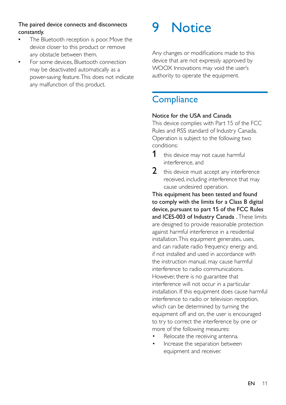 5 listen to an external device, 9 notice, Compliance | Compliance 11 | Philips SB2000B-37 User Manual | Page 11 / 13