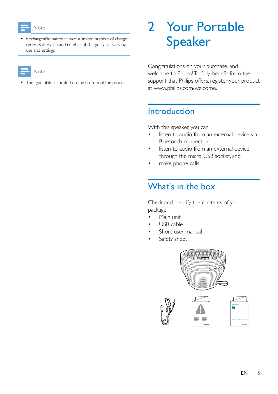 2 your portable speaker, Introduction, What's in the box | Introduction 5 | Philips SB2000B-37 User Manual | Page 5 / 13