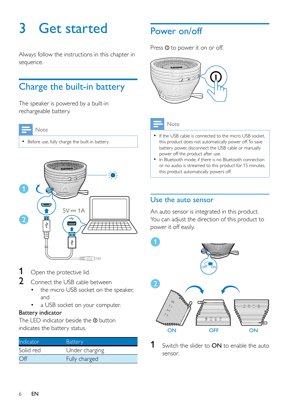 2 your portable speaker, Introduction, What's in the box | 3 get started, Charge the built-in battery, Power on/off | Philips SB2000B-37 User Manual | Page 6 / 13