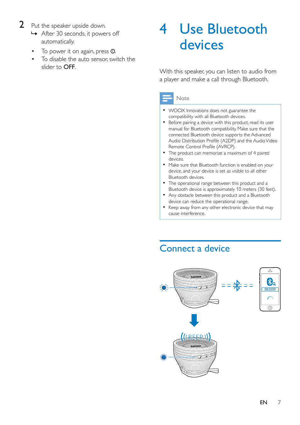 3 get started, Charge the built-in battery, Power on/off | Use the auto sensor, 4 use bluetooth devices, Connect a device | Philips SB2000B-37 User Manual | Page 7 / 13