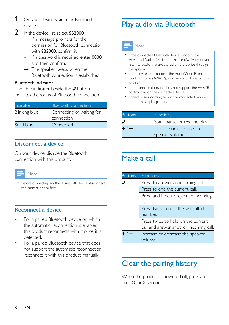 Play audio via bluetooth, Make a call, Clear the pairing history | Disconnect a device, Reconnect a device | Philips SB2000B-37 User Manual | Page 8 / 13