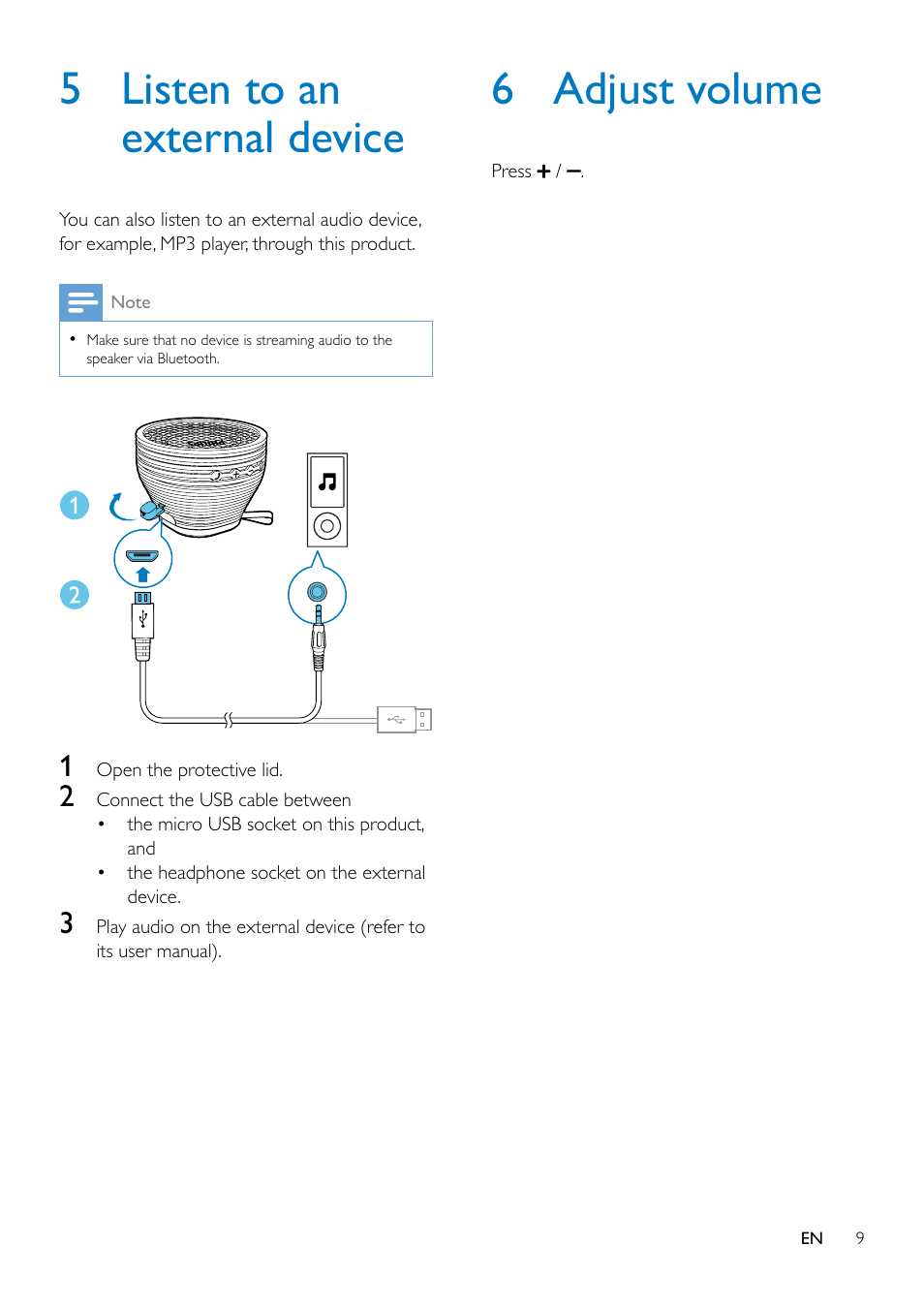 4 use bluetooth devices, Connect a device, Disconnect a device | Reconnect a device, 5 listen to an external device, 6 adjust volume | Philips SB2000B-37 User Manual | Page 9 / 13