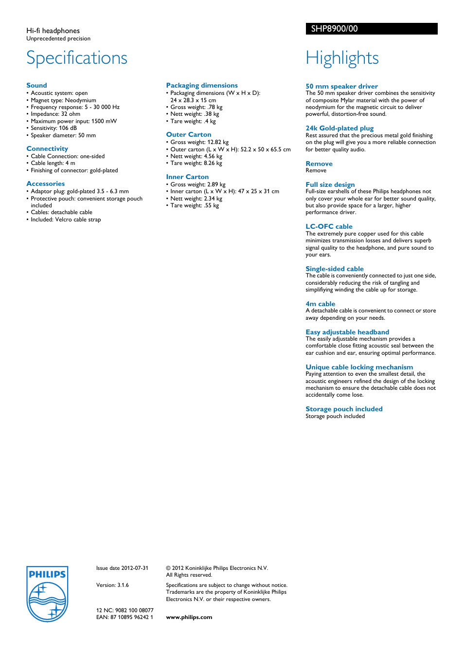 Specifications, Highlights | Philips SHP8900-00 User Manual | Page 2 / 2