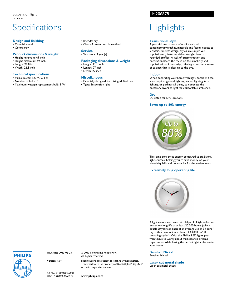 Specifications, Highlights | Philips M206878 User Manual | Page 2 / 2