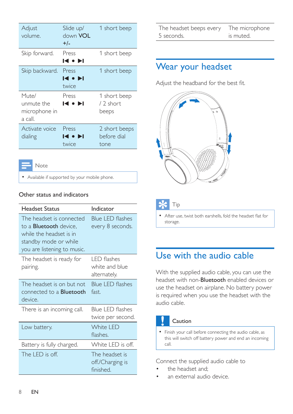 Wear your headset, Use with the audio cable | Philips SHB9100-00 User Manual | Page 10 / 16