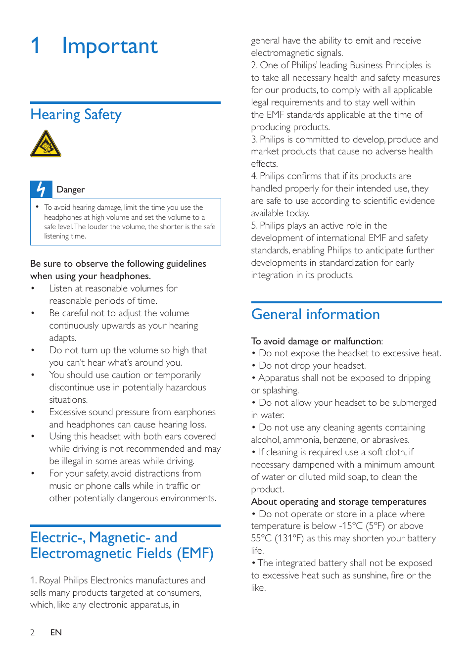 1 important, Hearing safety, General information | Electric-, magnetic- and, Electromagnetic fields (emf) | Philips SHB9100-00 User Manual | Page 4 / 16