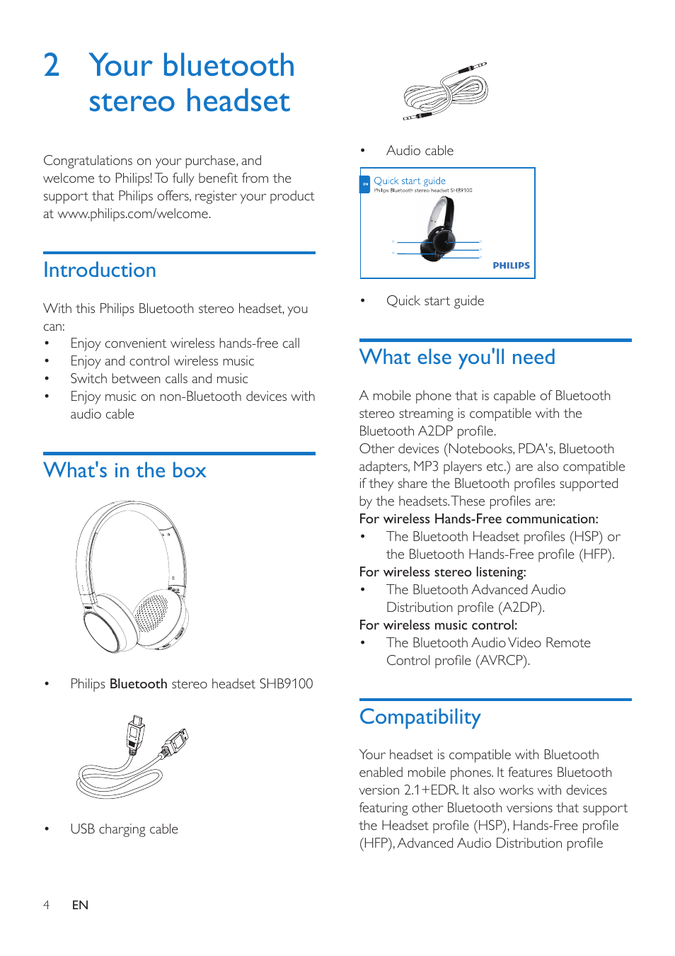 2 your bluetooth stereo headset, Introduction, What's in the box | What else you'll need, Compatibility, Introduction 4, Compatibility 4 | Philips SHB9100-00 User Manual | Page 6 / 16