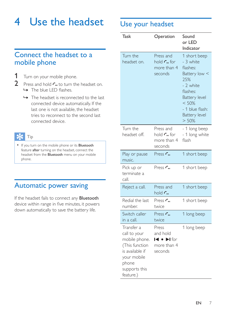 4 use the headset, Connect the headset to a mobile phone, Automatic power saving | Use your headset, Connect the headset to a mobile phone 7, Connect the headset to a mobile phone 1 | Philips SHB9100-00 User Manual | Page 9 / 16