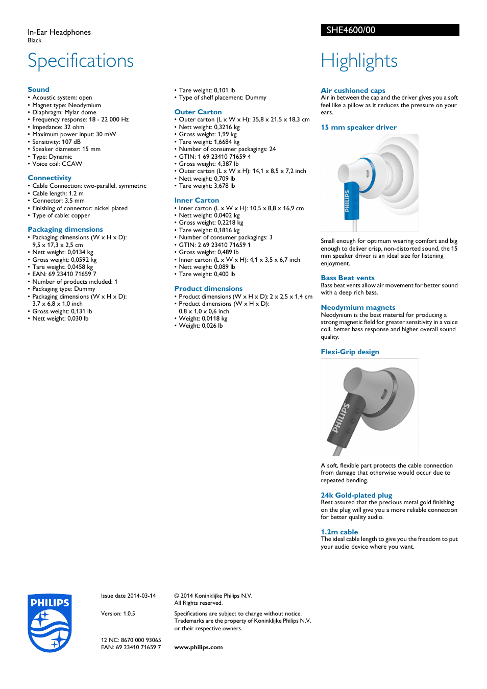 Specifications, Highlights | Philips SHE4600-00 User Manual | Page 2 / 2