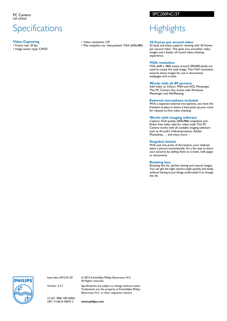 Specifications, Highlights | Philips SPC200NC-37 User Manual | Page 2 / 2