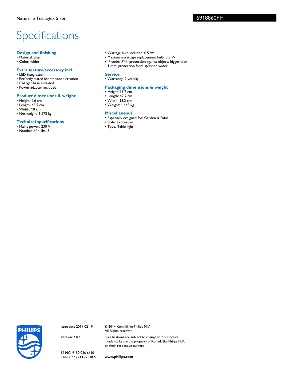 Specifications | Philips 6918860PH User Manual | Page 3 / 3