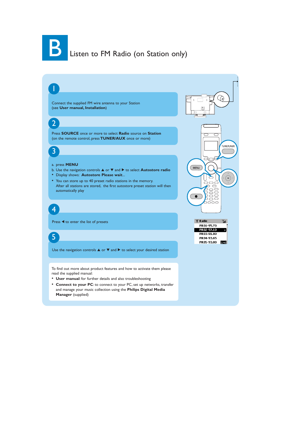 5listen to fm radio (on station only) | Philips WACS57-37B User Manual | Page 10 / 12