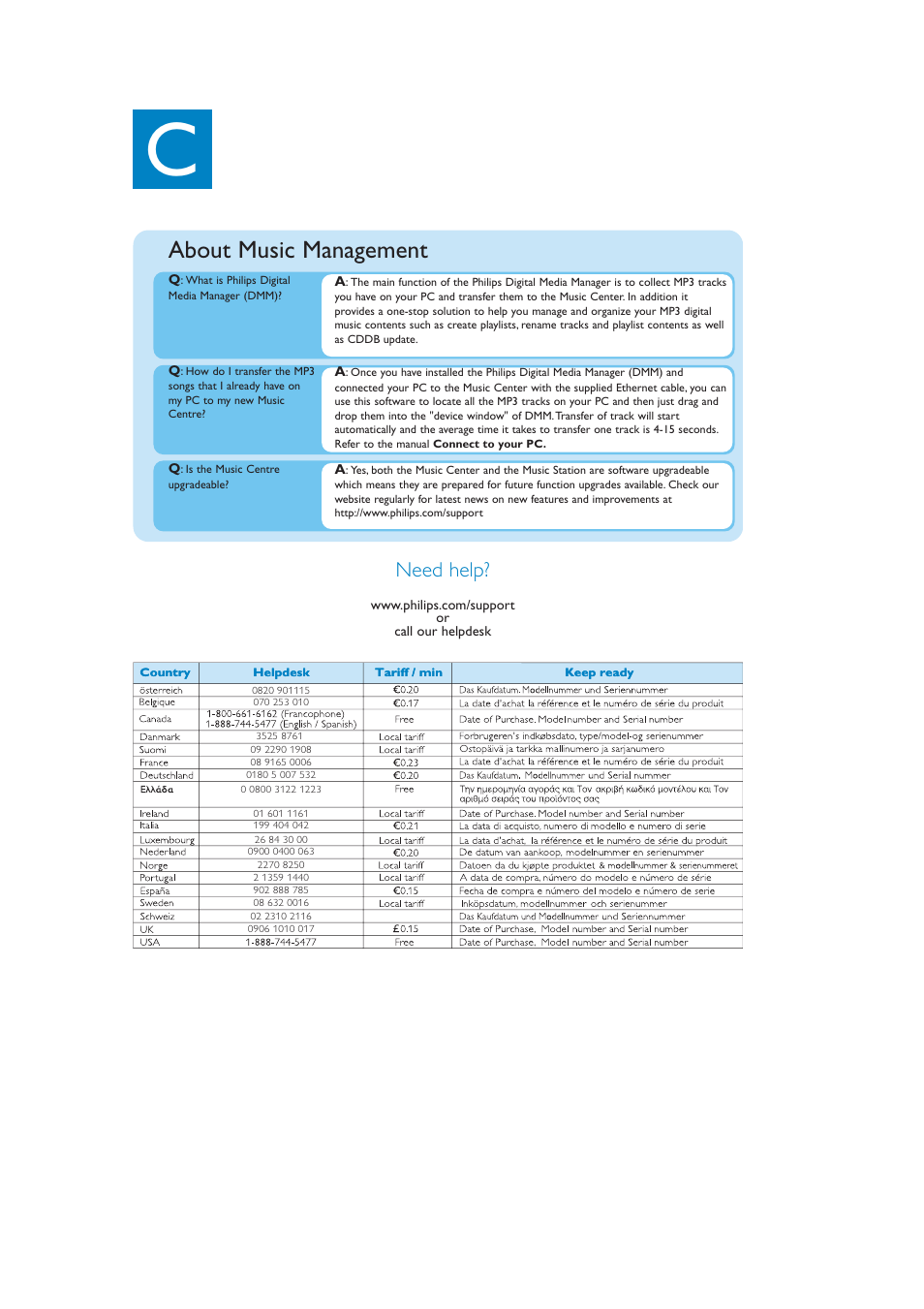 About music management, Need help | Philips WACS57-37B User Manual | Page 12 / 12