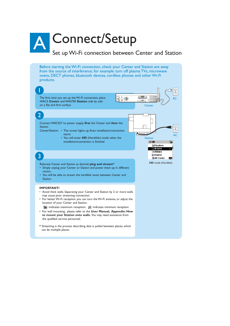 Connect/setup, Set up wi-fi connection between center and station | Philips WACS57-37B User Manual | Page 2 / 12