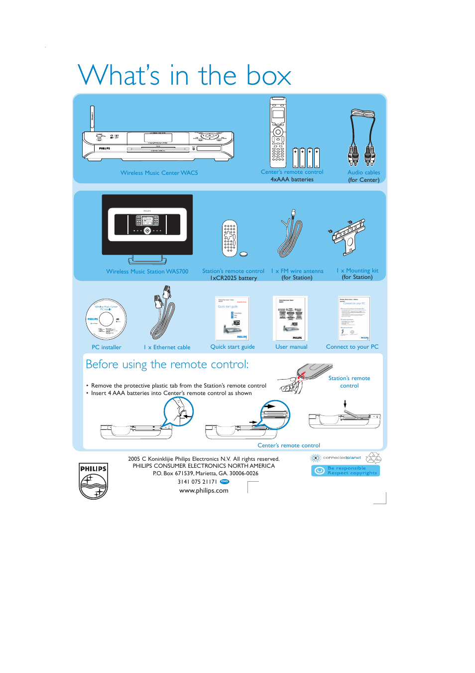 What’s in the box, Before using the remote control | Philips WACS57-37B User Manual | Page 4 / 12