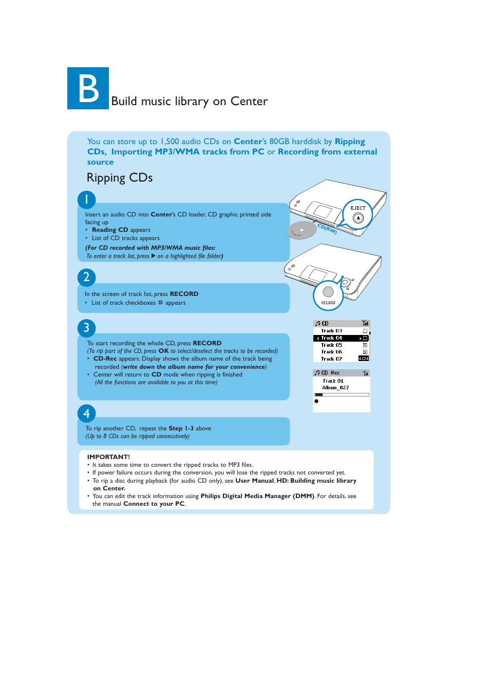 Build music library on center ripping cds | Philips WACS57-37B User Manual | Page 6 / 12