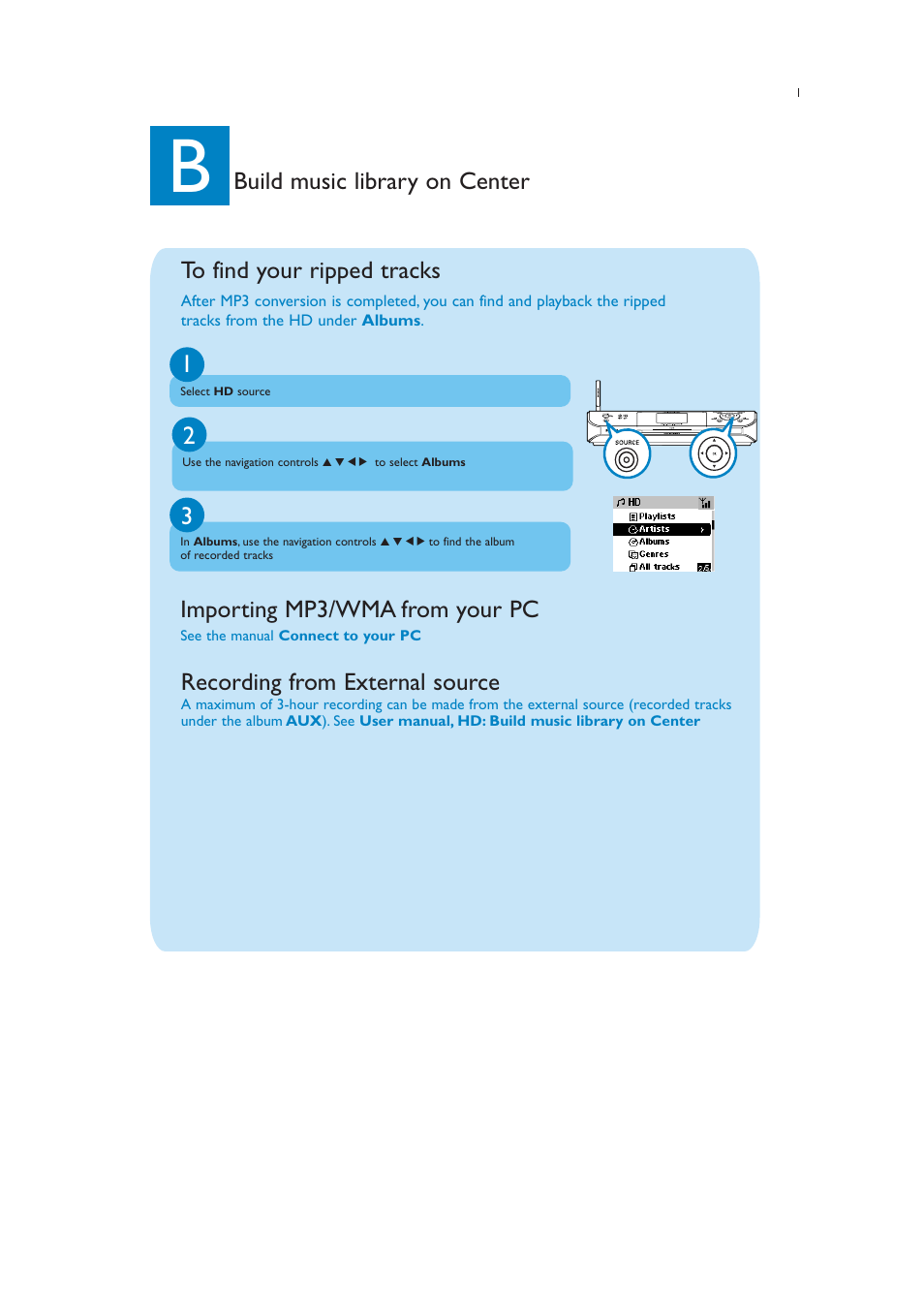 Importing mp3/wma from your pc, Recording from external source | Philips WACS57-37B User Manual | Page 7 / 12