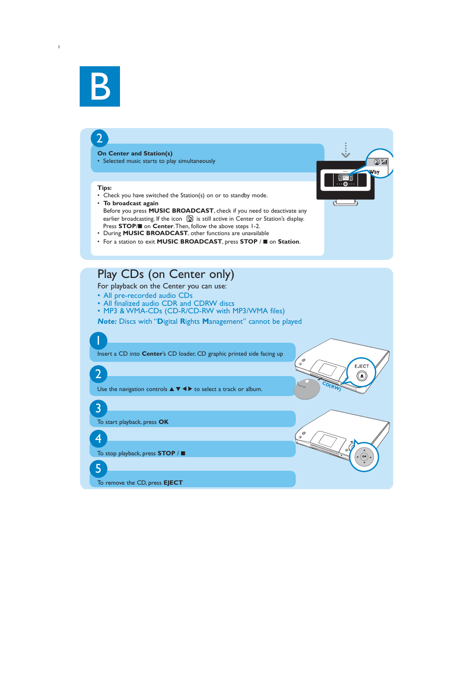 Play cds (on center only) | Philips WACS57-37B User Manual | Page 9 / 12