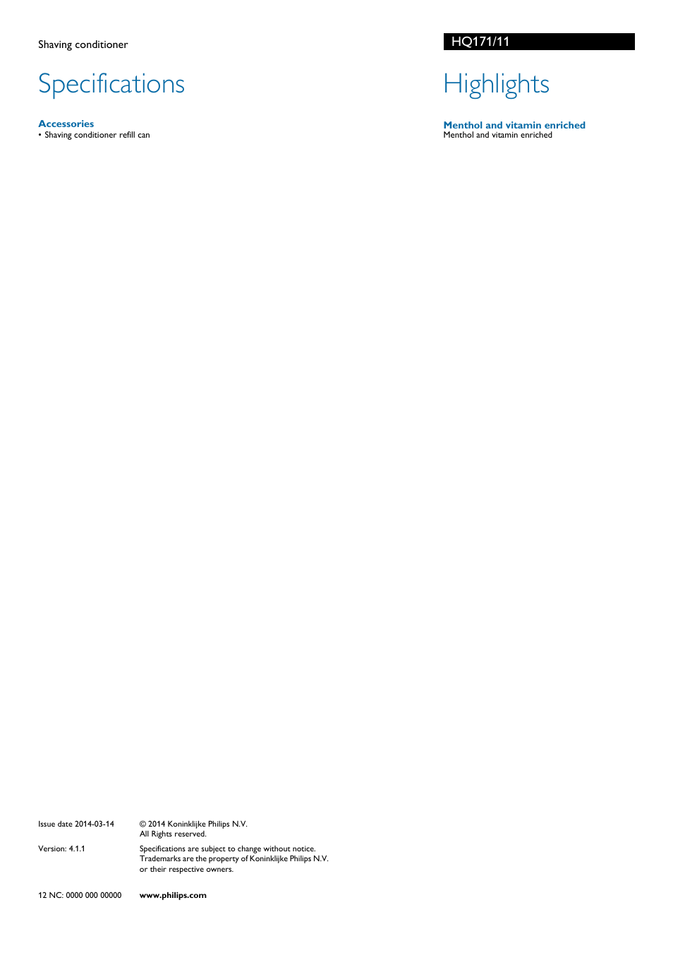 Specifications, Highlights | Philips HQ171-11 User Manual | Page 2 / 2