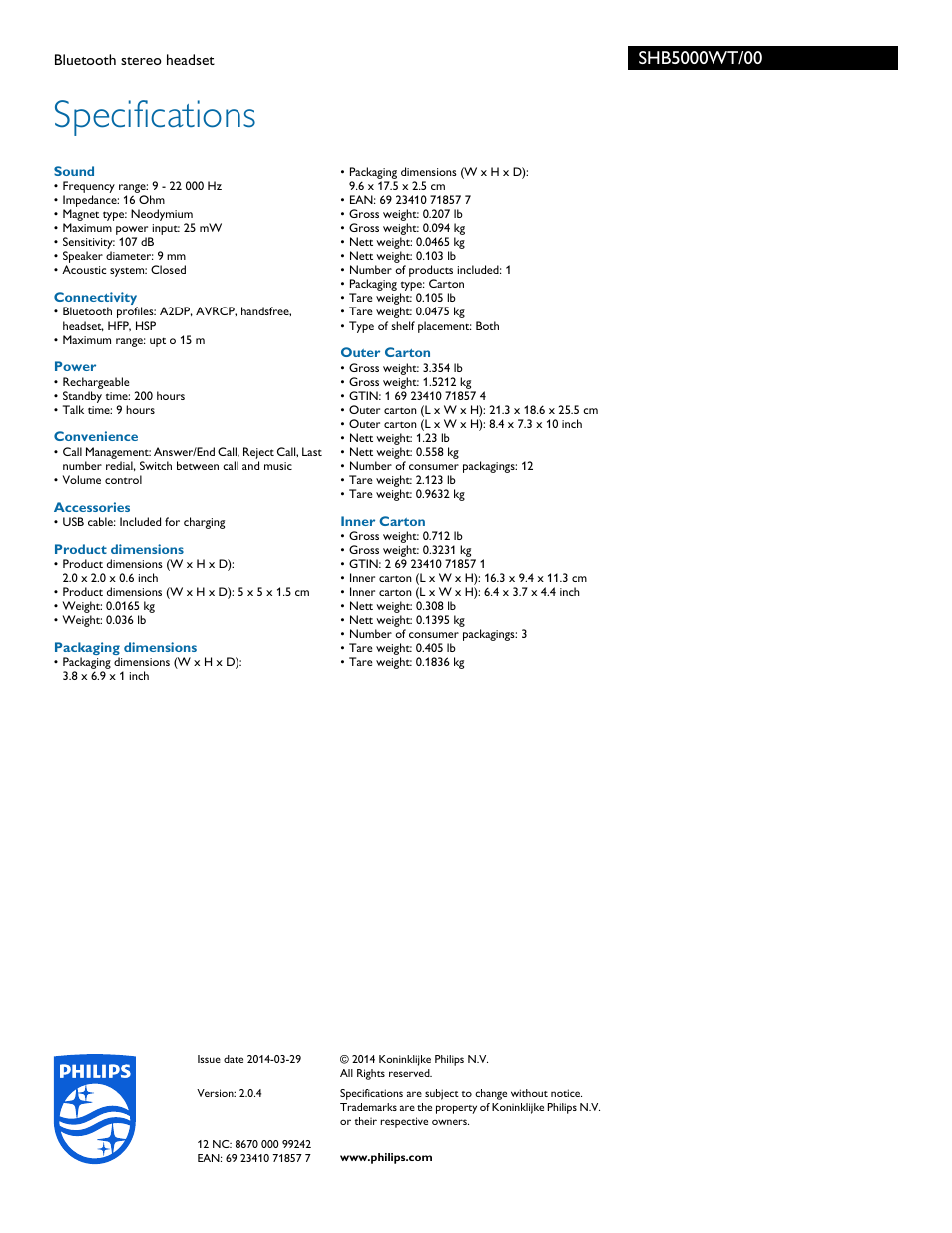 Specifications | Philips SHB5000WT-00 User Manual | Page 3 / 3