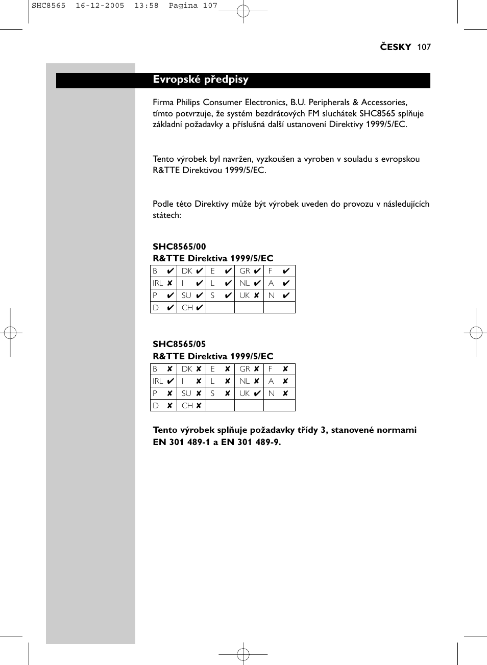Evropské předpisy | Philips SHC8565-05 User Manual | Page 107 / 149