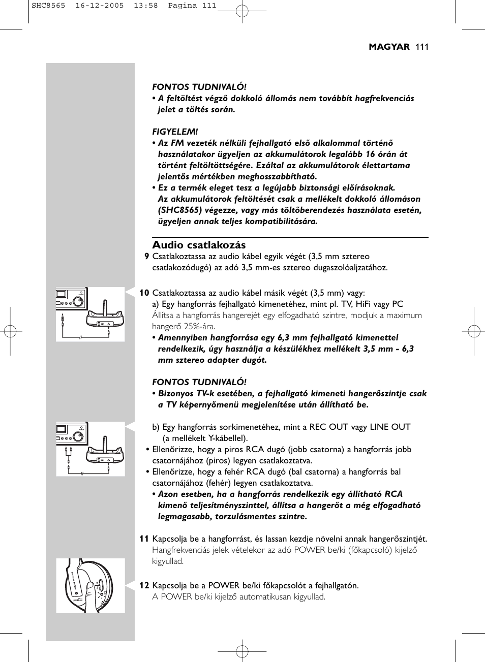 Audio csatlakozás | Philips SHC8565-05 User Manual | Page 111 / 149