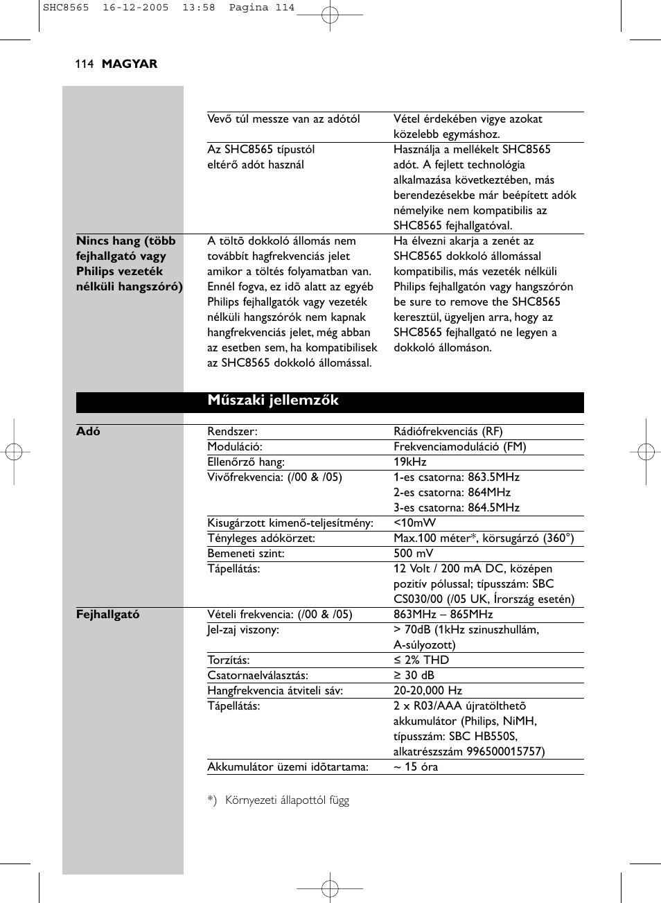 Műszaki jellemzők | Philips SHC8565-05 User Manual | Page 114 / 149