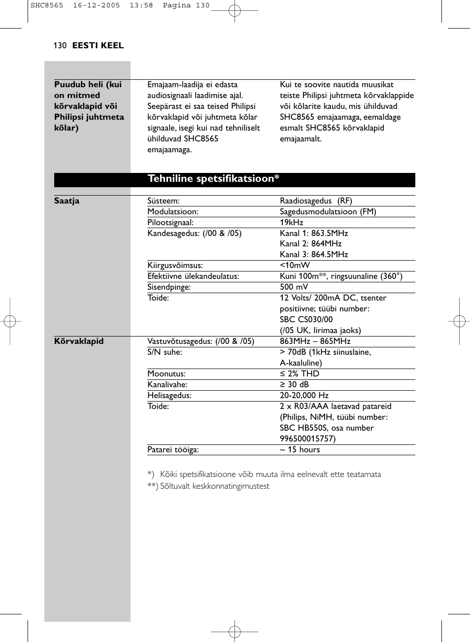 Tehniline spetsifikatsioon | Philips SHC8565-05 User Manual | Page 130 / 149