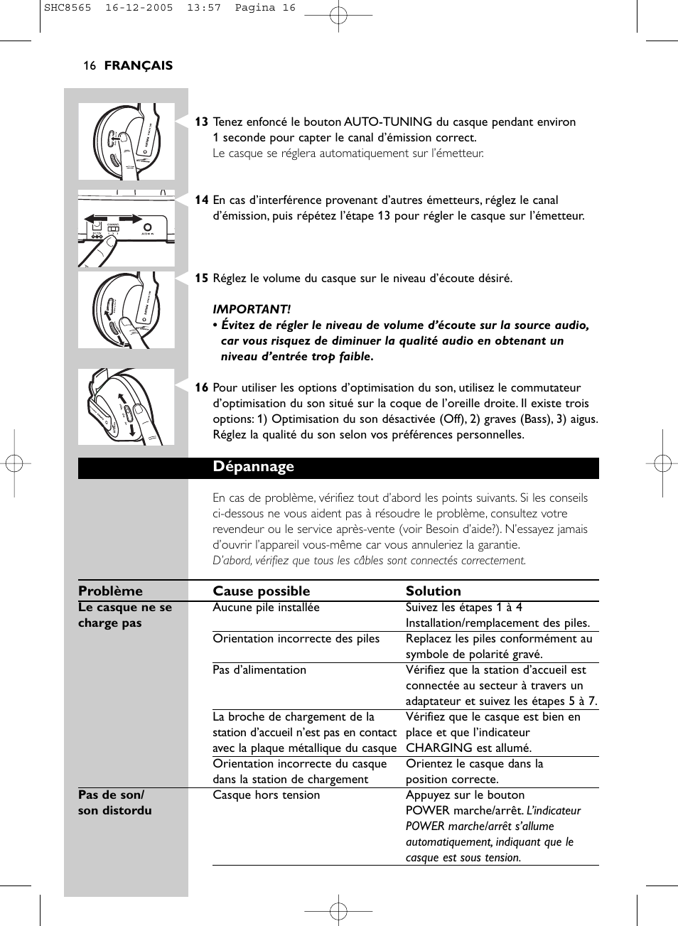 Dépannage | Philips SHC8565-05 User Manual | Page 16 / 149