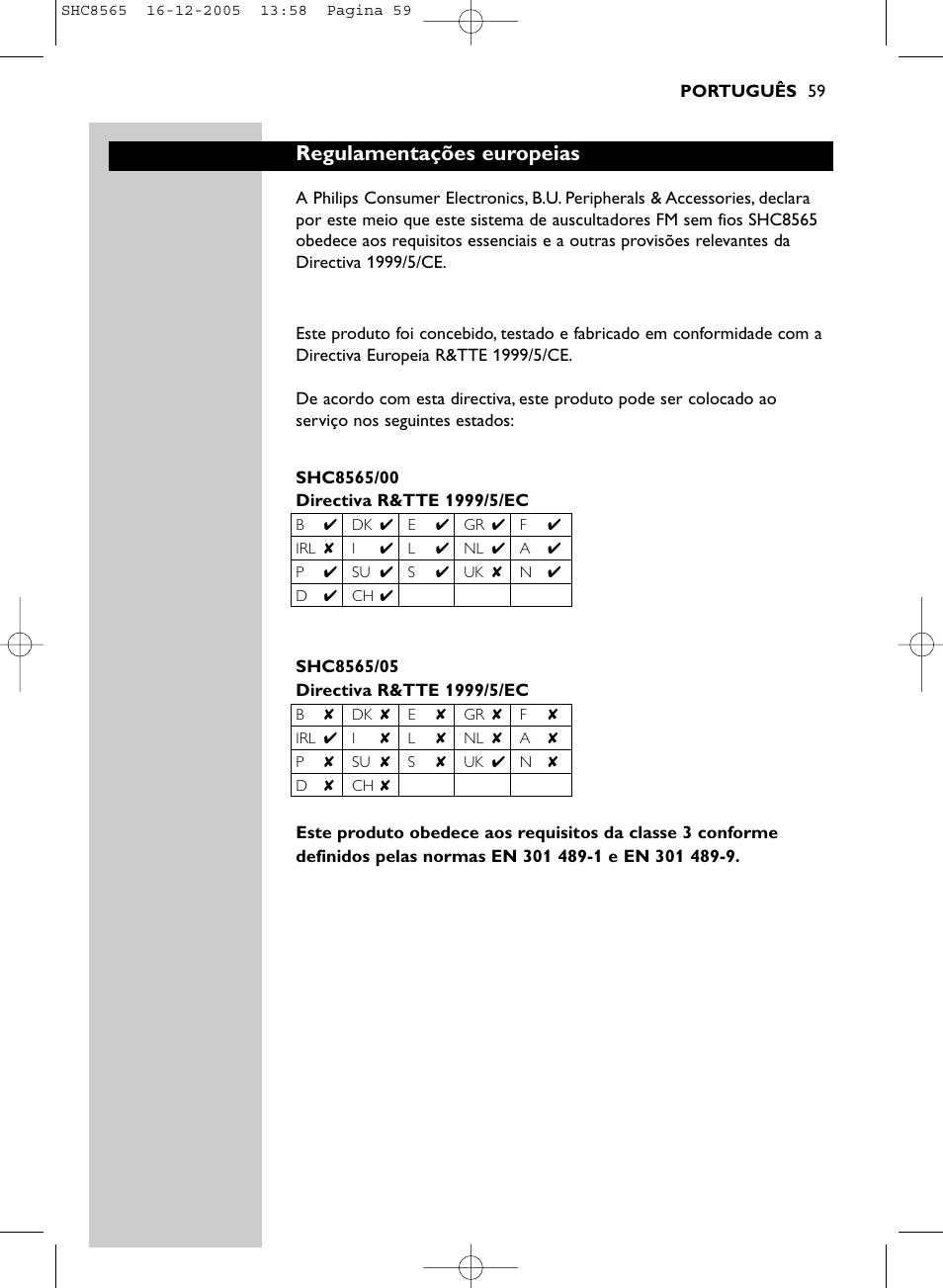 Regulamentações europeias | Philips SHC8565-05 User Manual | Page 59 / 149