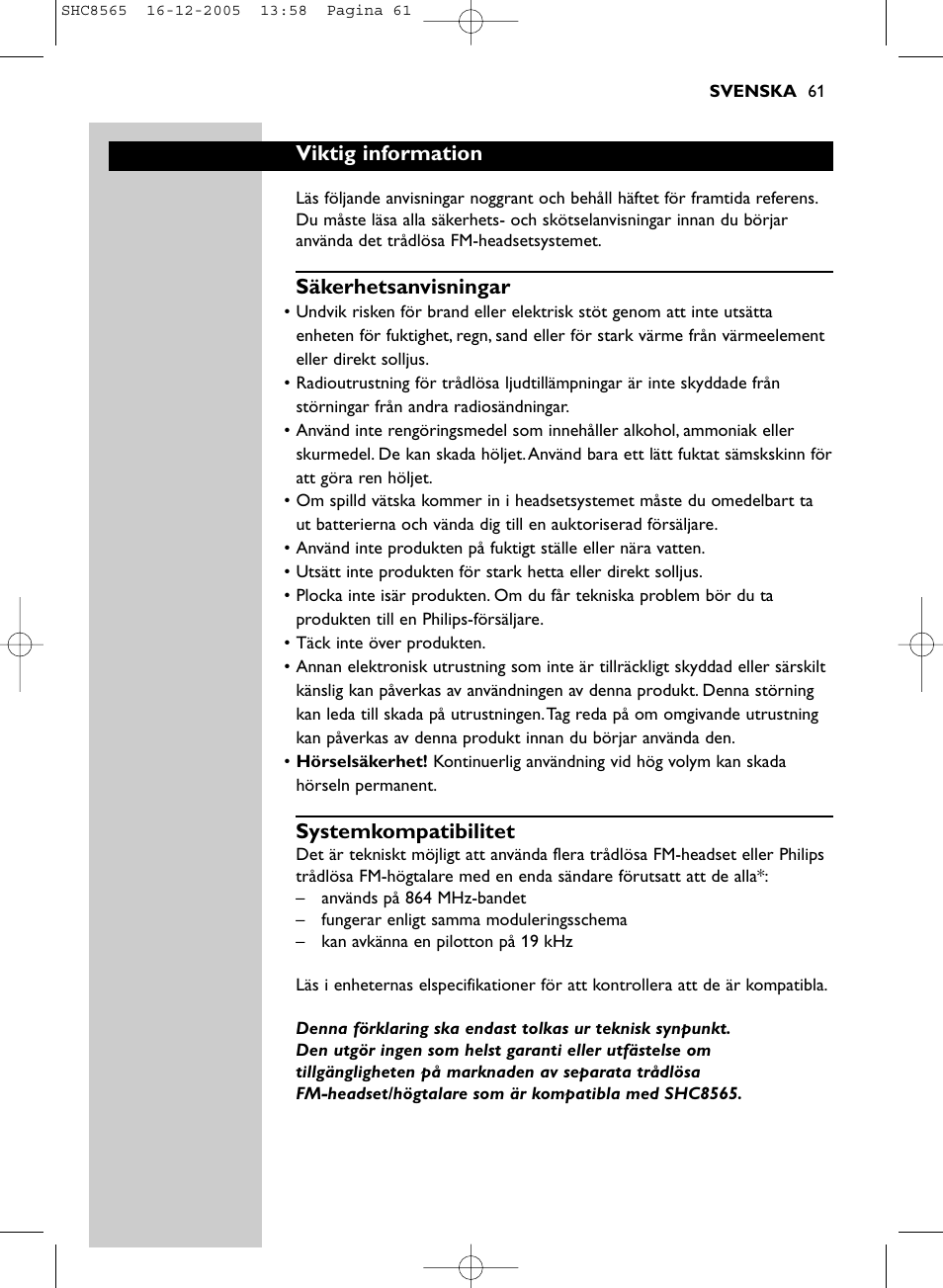 Viktig information, Säkerhetsanvisningar, Systemkompatibilitet | Philips SHC8565-05 User Manual | Page 61 / 149