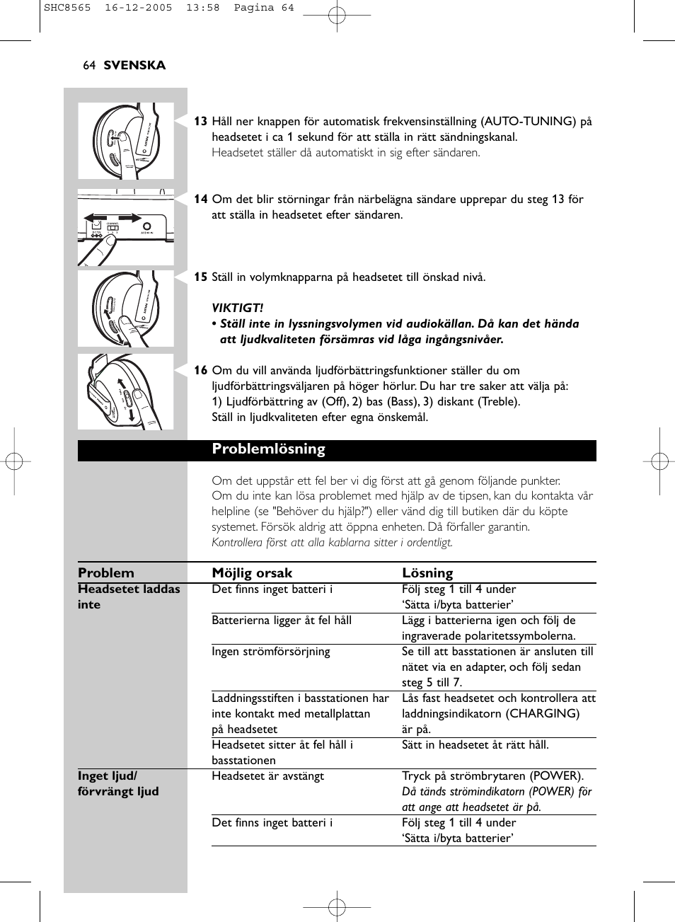 Problemlösning | Philips SHC8565-05 User Manual | Page 64 / 149