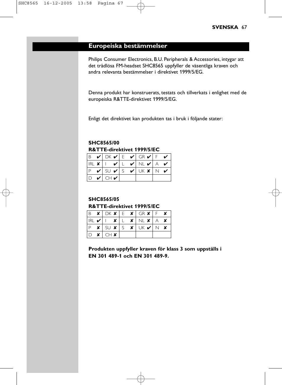 Europeiska bestämmelser | Philips SHC8565-05 User Manual | Page 67 / 149