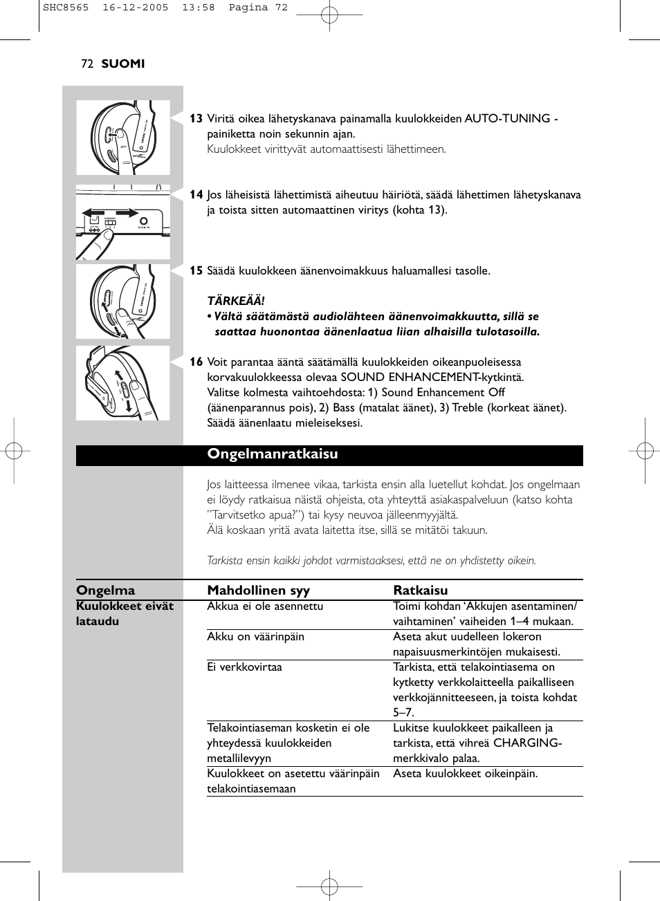 Ongelmanratkaisu | Philips SHC8565-05 User Manual | Page 72 / 149