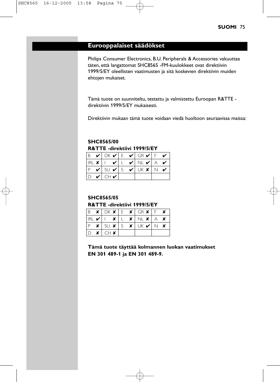 Eurooppalaiset säädökset | Philips SHC8565-05 User Manual | Page 75 / 149