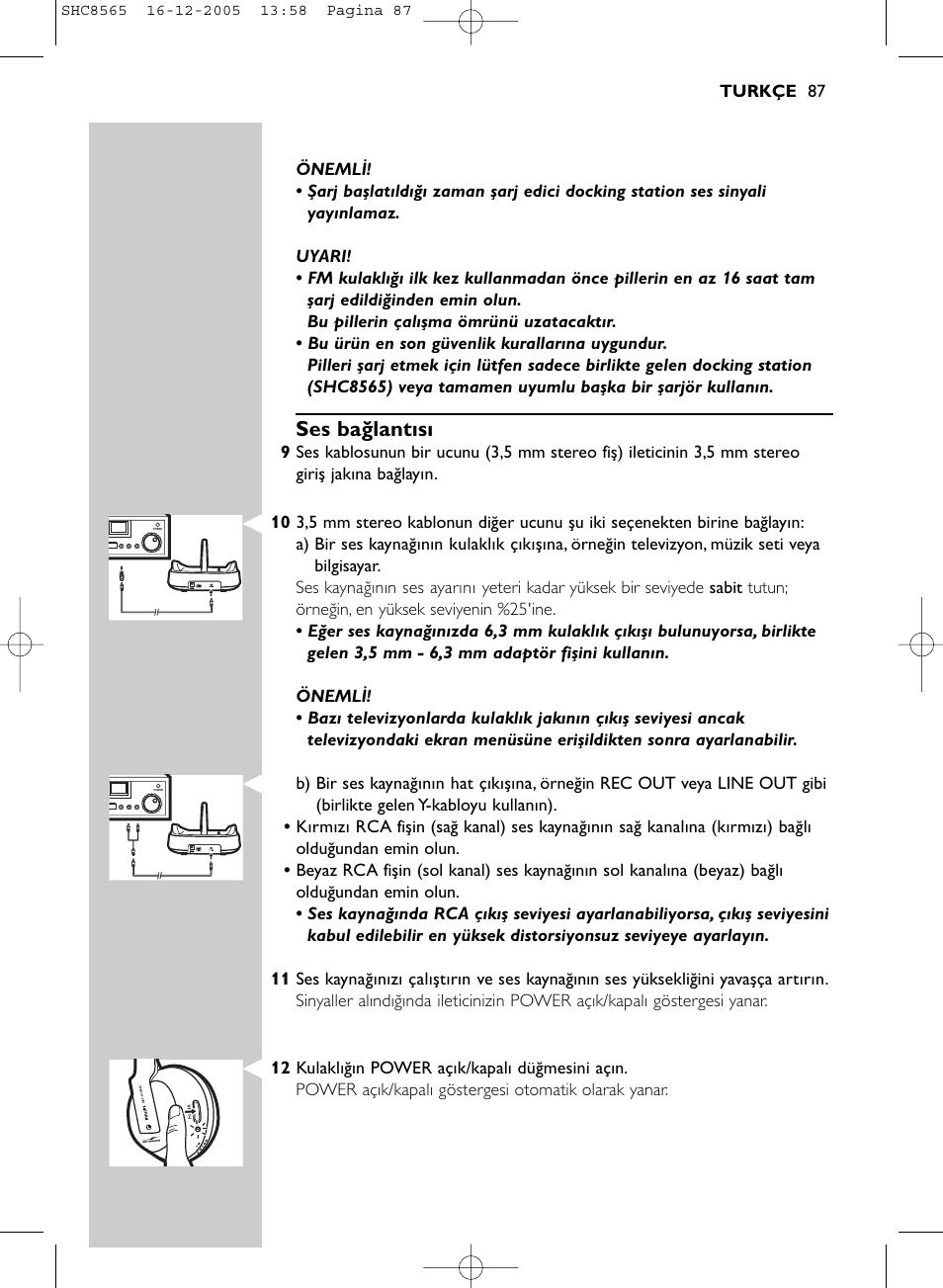 Ses bağlantısı | Philips SHC8565-05 User Manual | Page 87 / 149