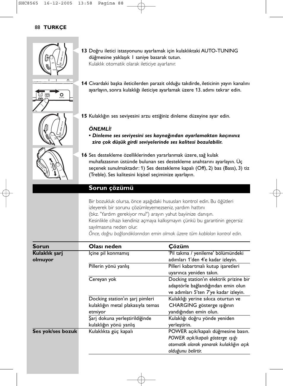 Sorun çözümü | Philips SHC8565-05 User Manual | Page 88 / 149